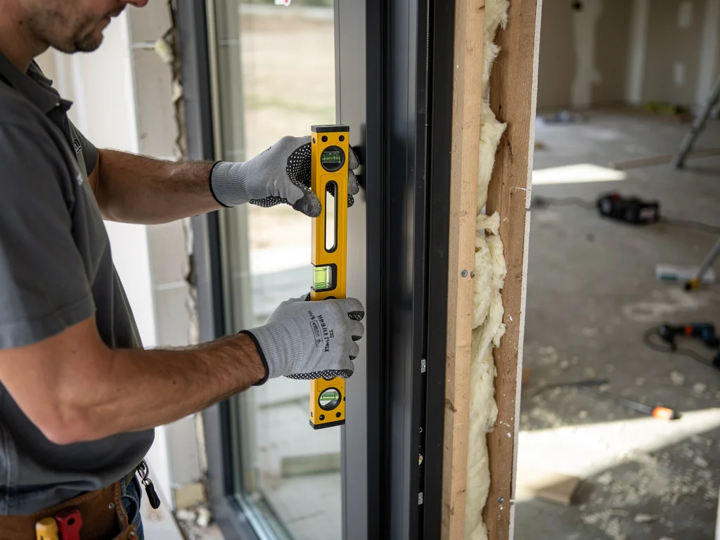 Installateur posant une fenêtre en aluminium noir dans une baie neuve
