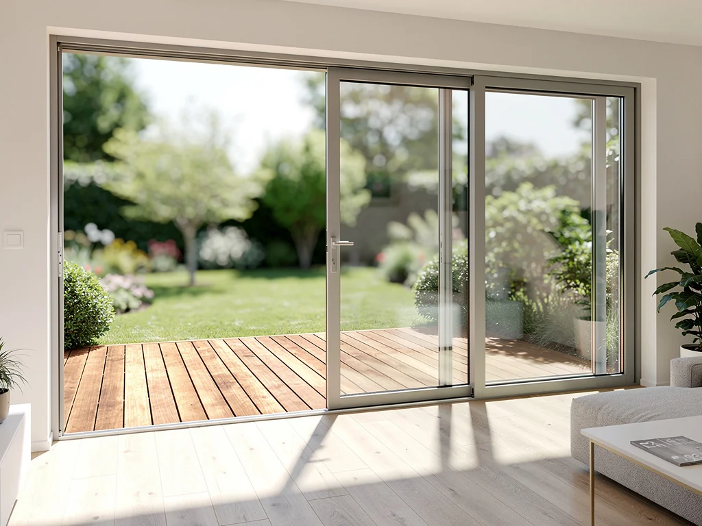 Porte-fenêtre coulissante en aluminium ouvrant sur une terrasse
