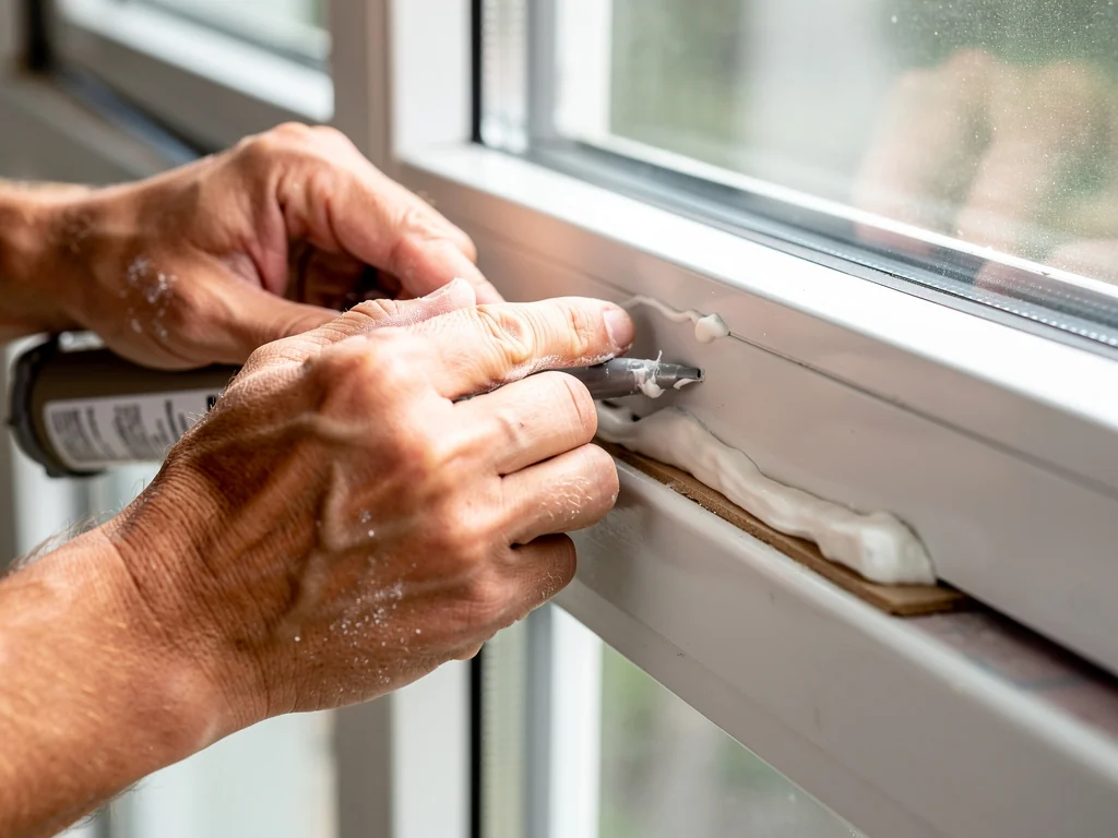 Artisan réglant les joints après la pose d'une fenêtre en rénovation